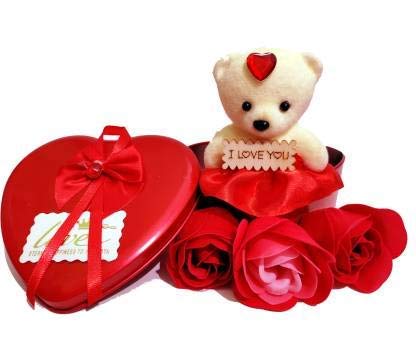 Doozie Gifts Valentine GIF Combo Pack Artificial Heart Shaped Gift Box with 3 Rose & Teddy and Wooden Message Box with 7 Glass BOTTLE'S