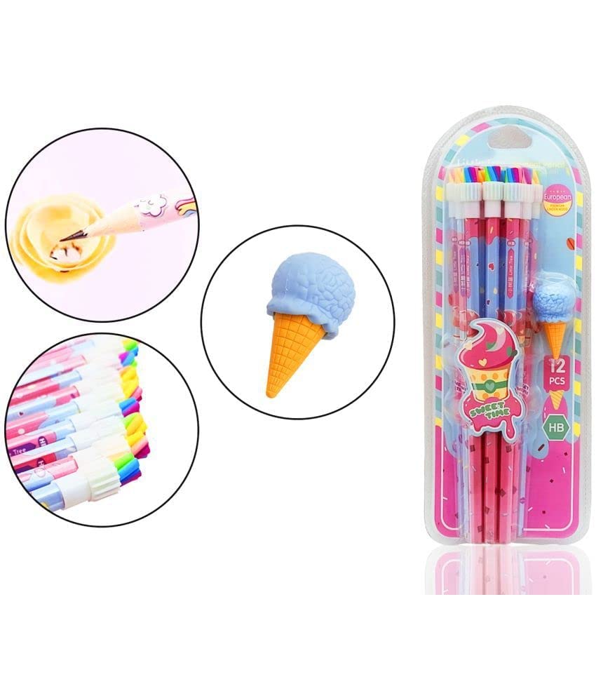 Doozie Gifts Stylish Pencils Stationary Kit - Pencil Set with Ice-Cream Shaped Erasers for Kids, Birthday Return Gift Stationary Set (Multicolour)