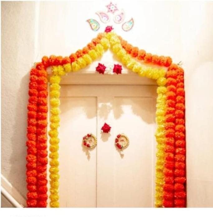 Doozie Gifts Artificial Genda Phool Mala String/Marigold Flowers Garland for Decoration for Home Decor, Diwali, Wall hangings Birthday or Occasion (4.5 ft Per String) (Yellow, Orange, Multi) Set of 15