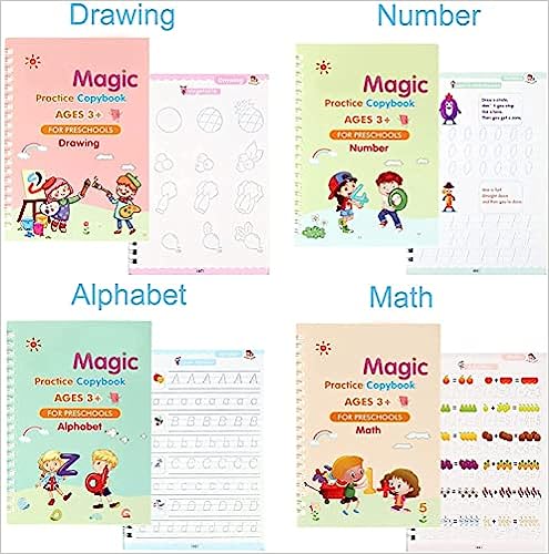 Doozie Gifts Set of 4 Magic Writing & Drawing Books Kit Calligraphy Books for kids Alphabets for Kids Learning Handwriting Practice Copybook for Kids With Pen set for Preschooler Gift