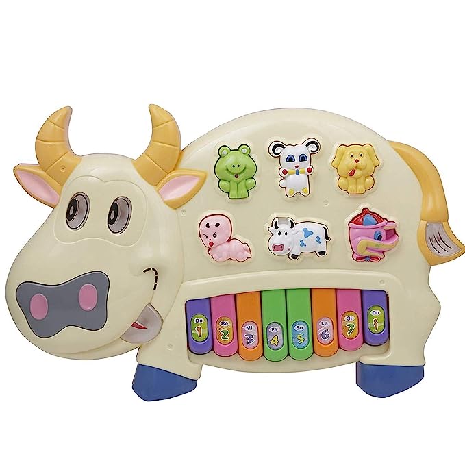 Doozie Gifts Plastic Cow Musical Piano with 3 Modes Animal Sounds, Flashing Lights & Wonderful Music, Multicolor