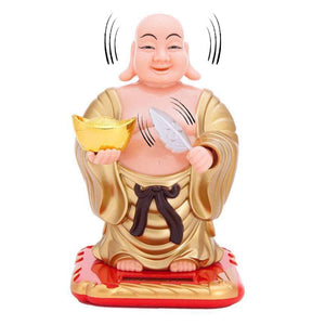 Doozie Gifts Plastic Solar Laughing Buddha Holding Ingot & Waving Fan and Moving Head Idol for Health Wealth & Prosperity (Medium , Gold, 5inch )