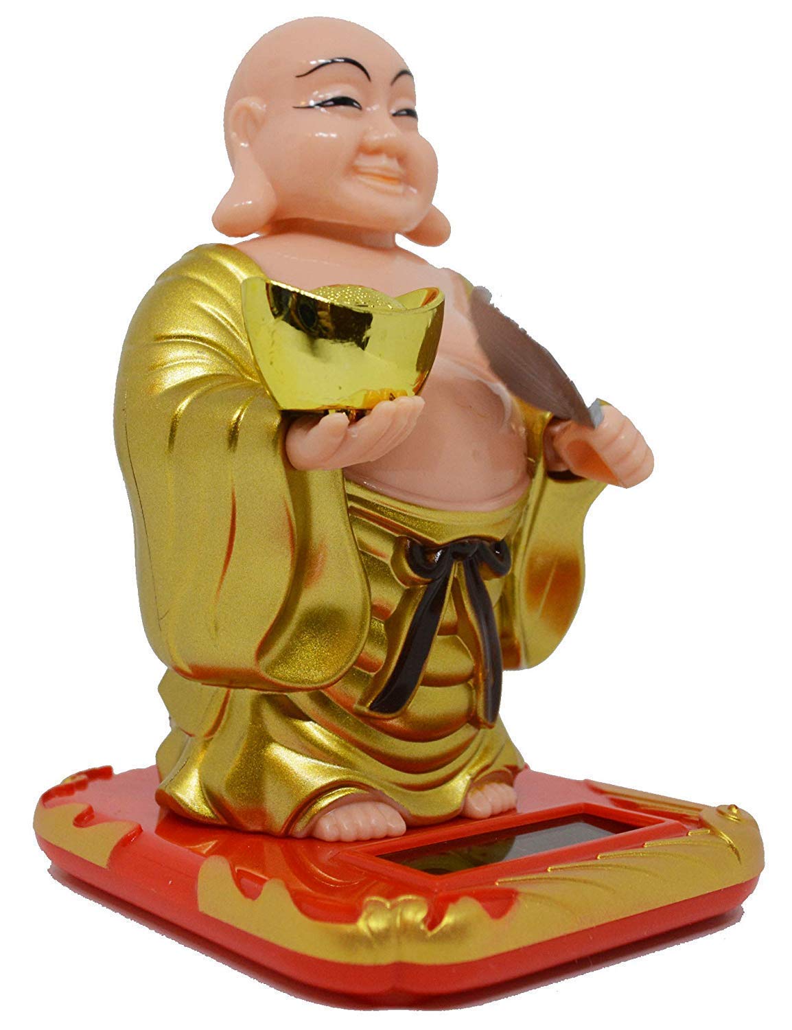 Doozie Gifts Plastic Solar Laughing Buddha Holding Ingot & Waving Fan and Moving Head Idol for Health Wealth & Prosperity (Medium , Gold, 5inch )