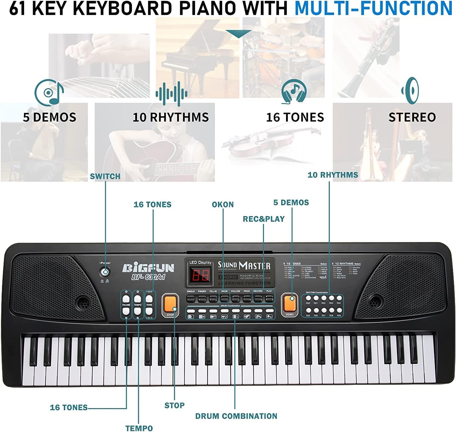 Doozie Gifts Kids Piano Keyboard With Microphone Portable Electronic Keyboards For Beginners 61 Keys Kids Musical Toys Pianos For Ages 3-10 Years