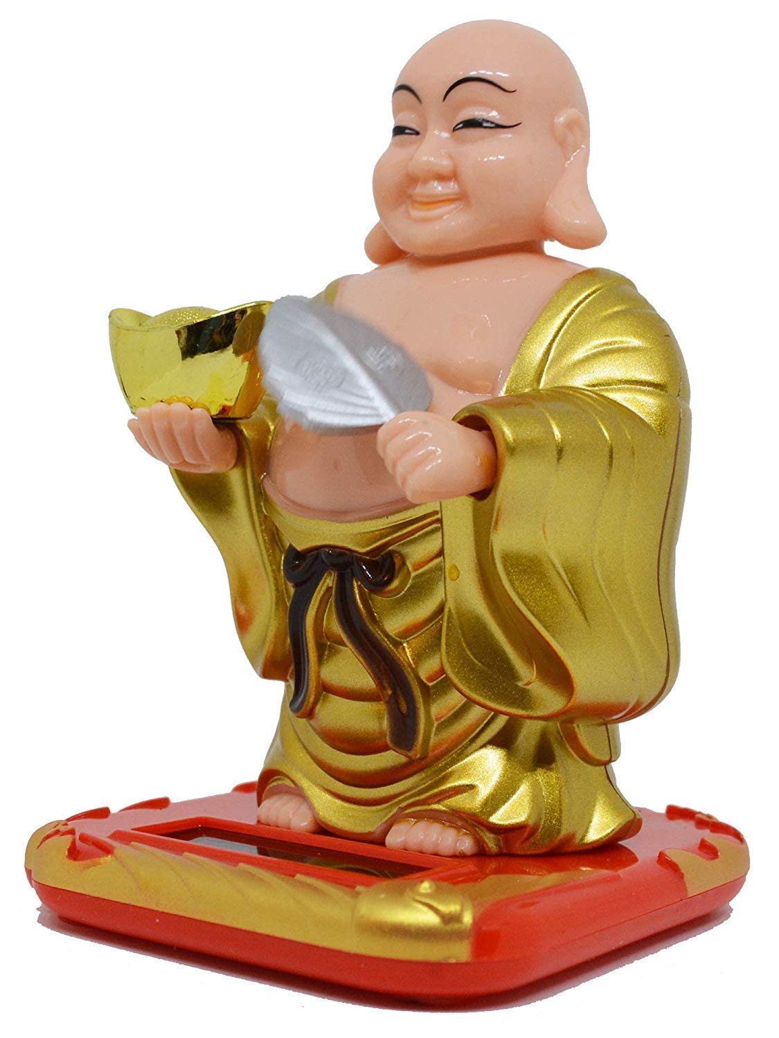 Doozie Gifts Plastic Solar Laughing Buddha Holding Ingot & Waving Fan and Moving Head Idol for Health Wealth & Prosperity (Medium , Gold, 5inch )