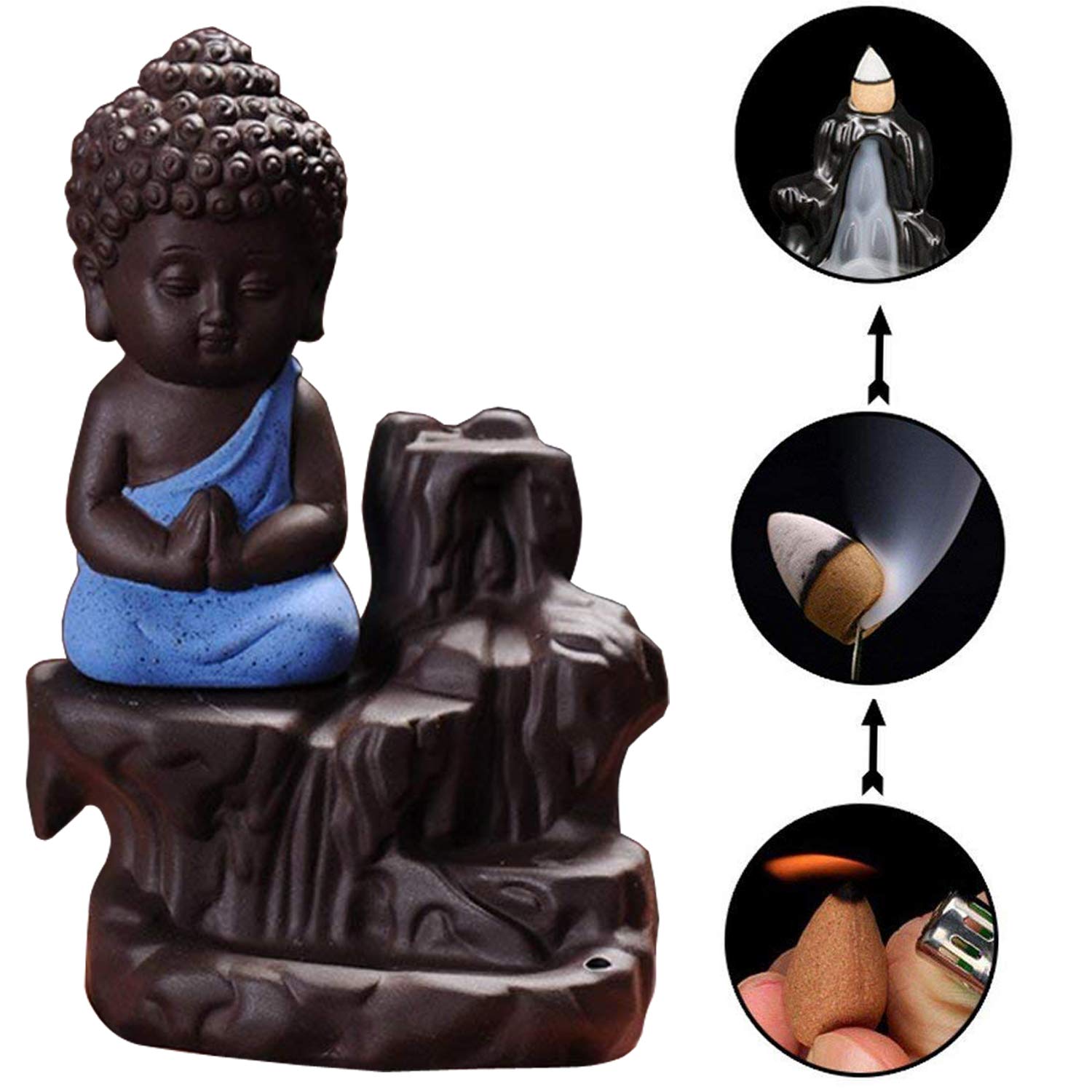 Doozie Gifts Meditating Buddha Monk Idol Backflow Smoke Conical Fountain Incense Stick Dhoop Batti Stand Holder with 10 Dhoop Cones