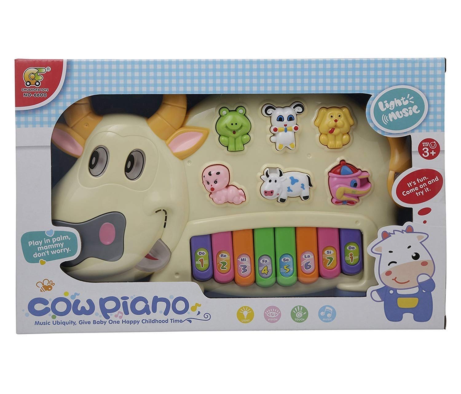 Doozie Gifts Plastic Cow Musical Piano with 3 Modes Animal Sounds, Flashing Lights & Wonderful Music, Multicolor