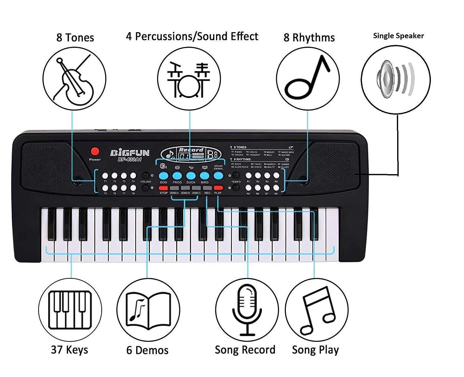 Doozie Gifts 37 Key Piano Keyboard Toy for Kids with Mic Dc Power Option Birthday Gift Microphone Keys Electric Musical 2 Supply Methods, Recording