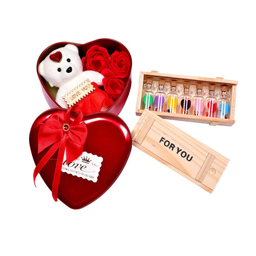 Doozie Gifts Valentine GIF Combo Pack Artificial Heart Shaped Gift Box with 3 Rose & Teddy and Wooden Message Box with 7 Glass BOTTLE'S