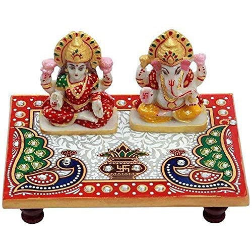 Doozie Gifts Laxmi Ganesh Marble Chowki with Minakari Work 6×4 inches Diwali Pooja Gifting Home Decor Item Multicolour