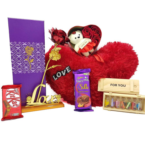 Doozie Gifts valentine gift combo pack of heart cushion red rose msg bottles teddy & Kitkat chocolate for your love one