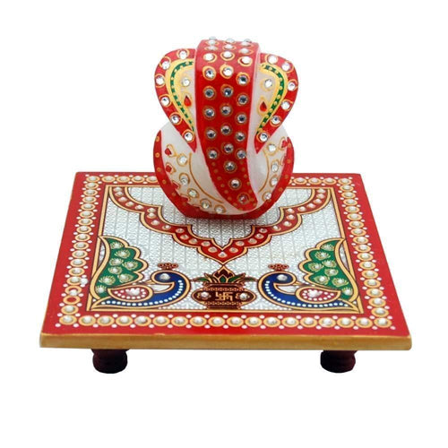 Doozie Gifts Marble Ganesh Chowki/Meenakari Work Lord Ganesh Marble Pooja Chowki (White) (Multi Color)