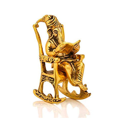 Doozie Gifts Metal Lord Ganesha Reading Ramayana Statue Hindu God Ganesh Sitting on Chair Idol Sculpture Home Office Gifts Decor Ganesha Metal Idol(Size: 5.5 Inches, Golden Finish)