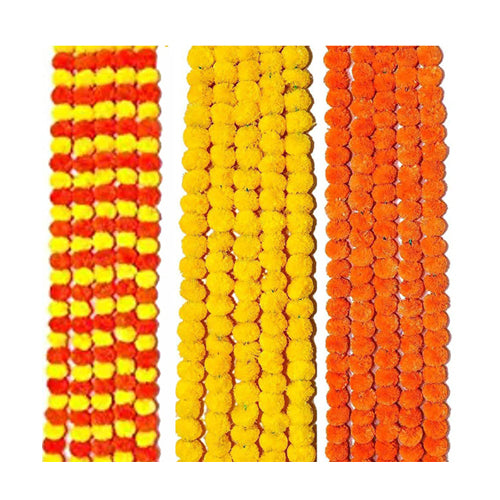 Doozie Gifts Artificial Genda Phool Mala String/Marigold Flowers Garland for Decoration for Home Decor, Diwali, Wall hangings Birthday or Occasion (4.5 ft Per String) (Yellow, Orange, Multi) Set of 15