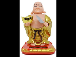 Plastic Solar Laughing Buddha Holding Ingot & Waving Fan and Moving Head Idol for Health Wealth & Prosperity (Medium , Gold, 5inch )