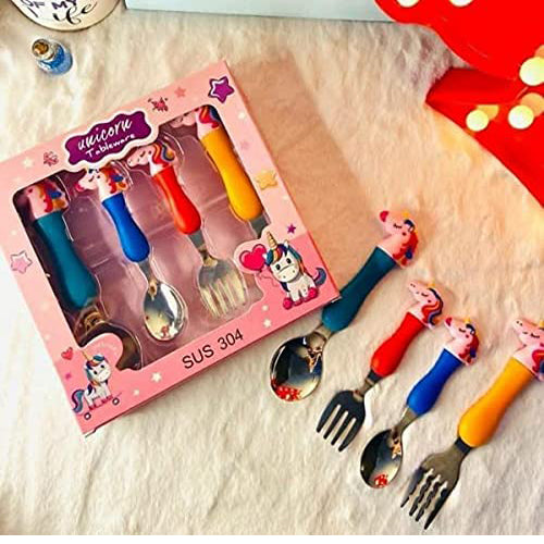 Doozie Gifts Unicorn Spoon and Fork Set for Kids and Toddlers, Tableware Set of Feeding Fork and Spoon for Kids, Stainless Steel Spoon and Fork Set for Children (Pack of 4) Multicolor