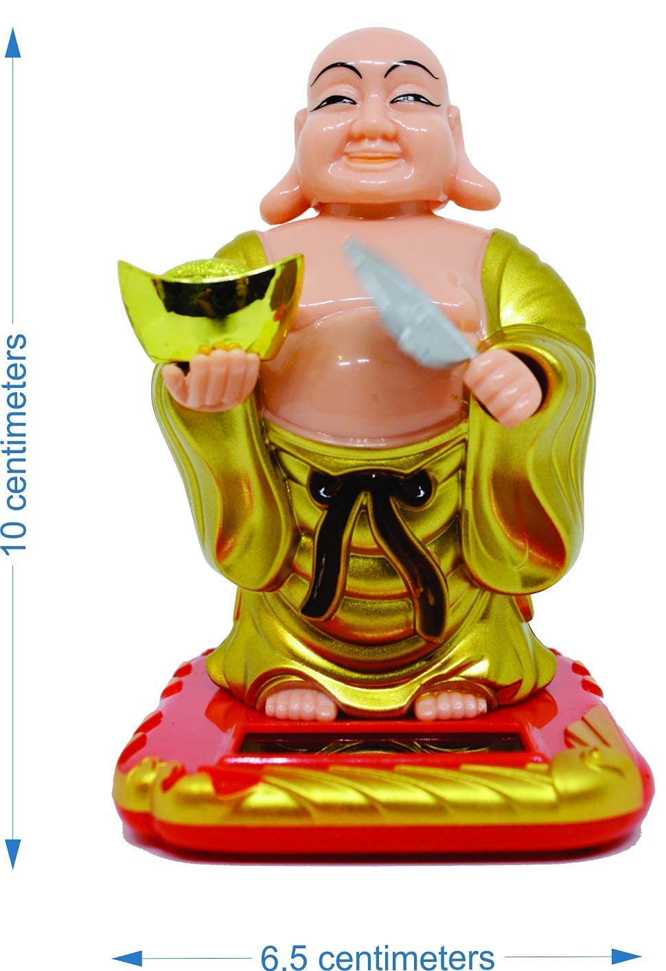 Doozie Gifts Plastic Solar Laughing Buddha Holding Ingot & Waving Fan and Moving Head Idol for Health Wealth & Prosperity (Medium , Gold, 5inch )